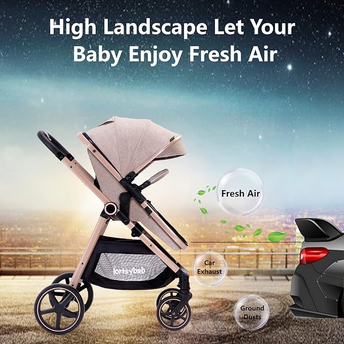 2-in-1 Baby Stroller - Folding Infant Newborn Pram Stroller with Reversible Seat - Toddler Strollers for 0-36 Months Old Babies (Beige)