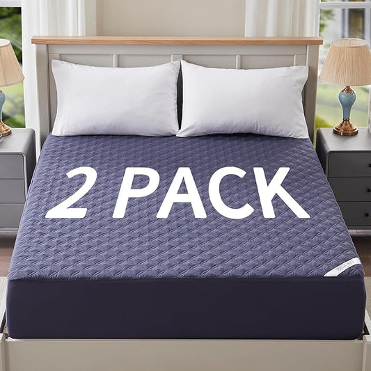 BEDLORE 2 Pack Waterproof Mattress Protector, Queen Size Pad Noiseless with Deep Pocket Fitted for 6"-18", Soft Breathable Dirt Proof Bed Mattress Cover Washable for Home, Bedroom, Hotel (Navy Blue)