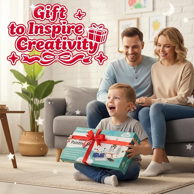 Falling in Art Painting Set for Kids with Table Easel, Acrylic Painting Starter Kit with Art Smock, Acrylic Paints, Colored Pencils, Paint Brushes, Canvas Panels and Watercolor Pad for Christmas Gift