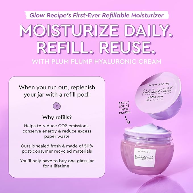 Glow Recipe Plum Plump Hyaluronic Acid Face Cream - Hydrating, Firming & Plumping Facial Moisturizer for Women & Men - Korean Skin Care with Polyglutamic Peptides to Reduce Dry Skin Wrinkles (50ml)