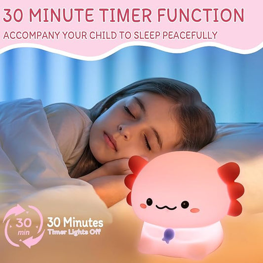 MAGOHMT Axolotl Night Light for Kids - 3-Level Dimmer & Auto-Off Timer, Child-Safe Silicone Lamp, USB-C Rechargeable Nursery Light for Bedroom Breastfeeding (Squishy Animal)