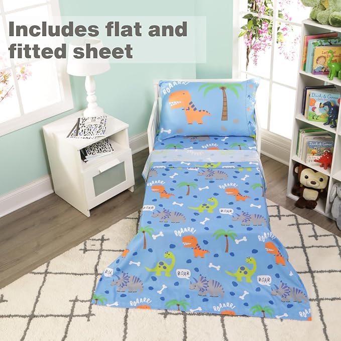 EVERYDAY KIDS 4 Piece Toddler Bedding Set – Roaring Dinosaurs - Includes Comforter, Flat Sheet, Fitted Sheet and Reversible Pillowcase – Boys Toddler Bedding