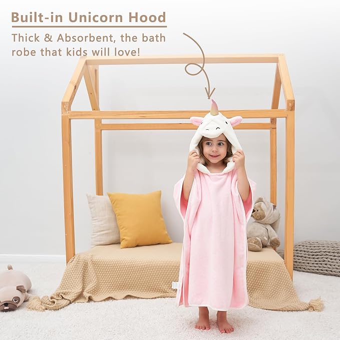 PINNKKU 3D Unicorn Hooded Towel, Ultrasoft & Absorbent Bath Towel for Babies, Infant, Toddler and Kids, Beach Poncho Towels, Gifts for Girl 28" x 55" (Pink)