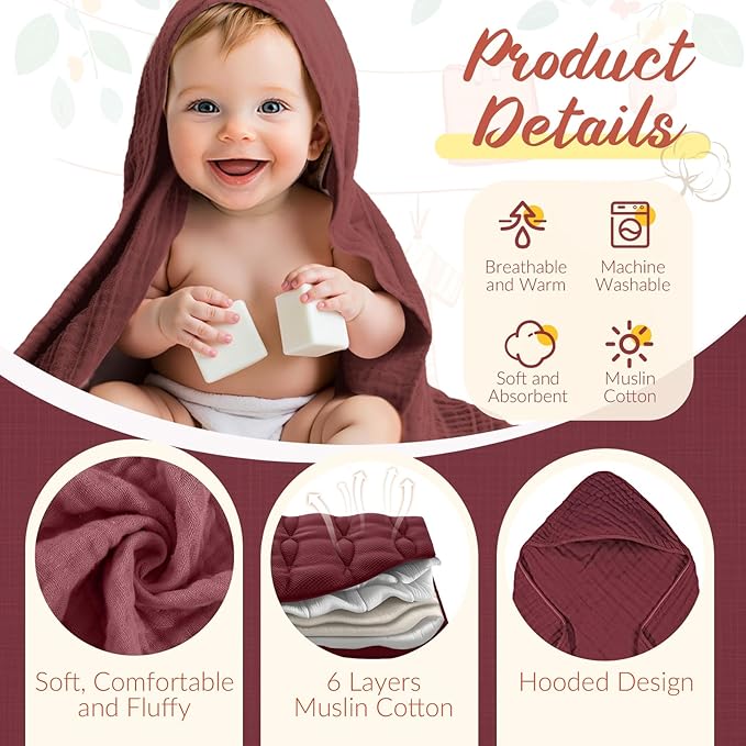 VitalCozy 12 Pcs Baby Muslin Hooded Bath Towels and Washcloths Muslin Cotton Hooded Baby Towels Absorbent Blankets for Gift Newborn Infant Shower (35 x 35 Inch,Multicolor)