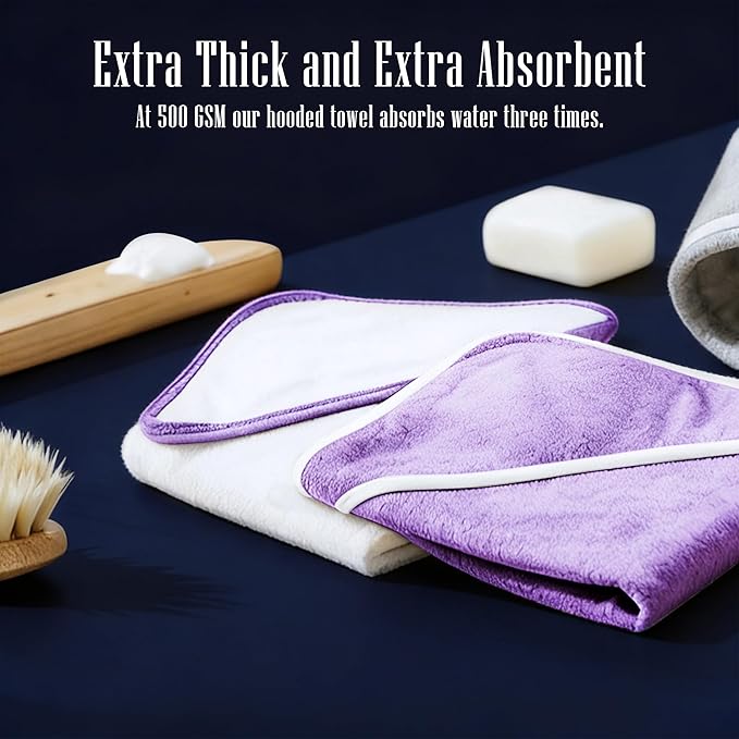 2 Pack Baby Bath Towel - Rayon Made from Bamboo, Ultra Soft Hooded Towels for Kids - X Large Size for 0-7 Yrs (White and Violet, 37.5 x 37.5 Inch)