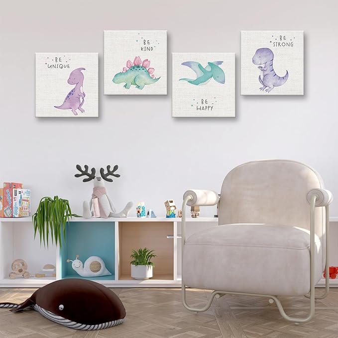Cute Watercolor Dinosaur Prints Inspirational Motivational Quotes Canvas Wall Art Nursery Decor Wall Decor Funny Poster Artwork for Kids Room Classroom Bedroom Decoration (4PCS,Framed,7.9x7.9IN)