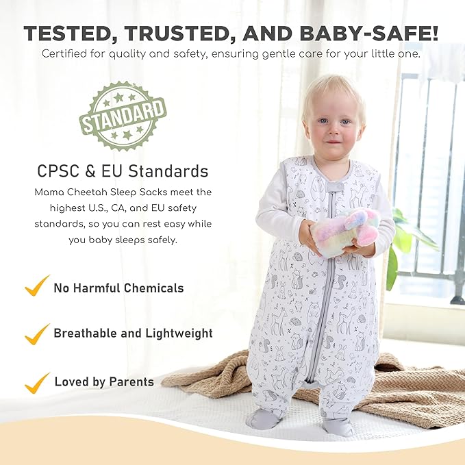 Mama Cheetah Toddler Sleep Sack with Feet, 2.5 TOG Organic Cotton Baby Sleeping Bag with Legs, Winter Baby Wearable Blankets for Early Walker 6-18 Month