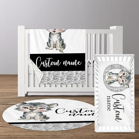 Custom Baby Crib Bedding Set, Personalized Name Little Wolf Theme Crib Set 3 Pcs, Soft Double Layer Blanket, Crib Sheet & Room Rug, Ideal Nursery Decor Gift for Baby Girls Boys