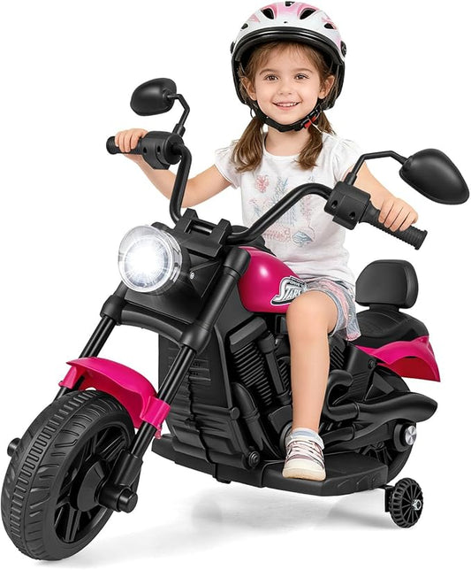 HONEY JOY Toddler Motorcycle, 6V Battery Powered Electric Motorcycle for Kids, Detachable Training Wheels, Music, Foot Pedal, Headlights, Forward/Backward, 3-Wheel Ride On Toy for Boys Girls (Pink)
