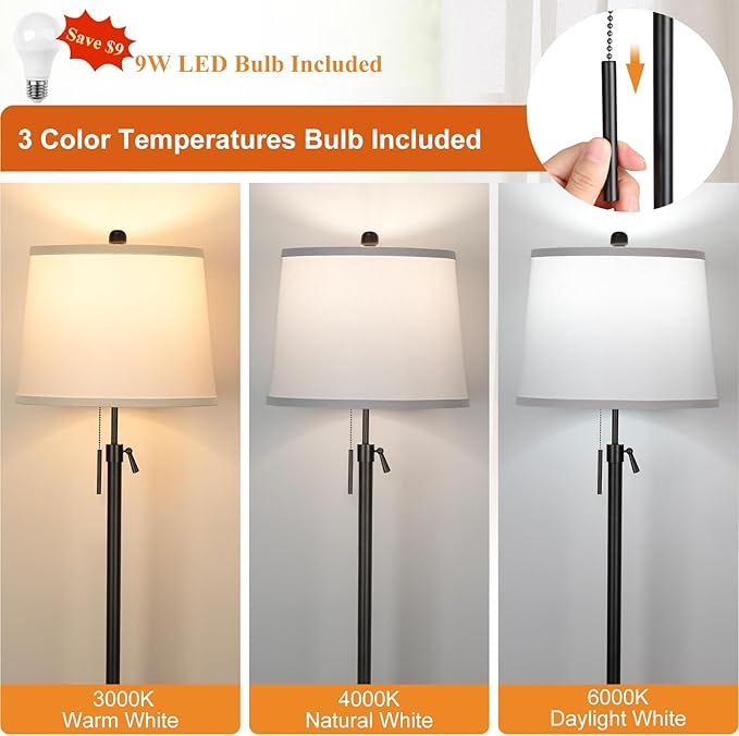 JUNNAI Black Floor Lamps for Living Room Adjustable Height Standing Lamp Modern Tall Pole Lamps for Bedroom Office with White Linen Shade 3 Color Temperature 9W LED Bulb Included