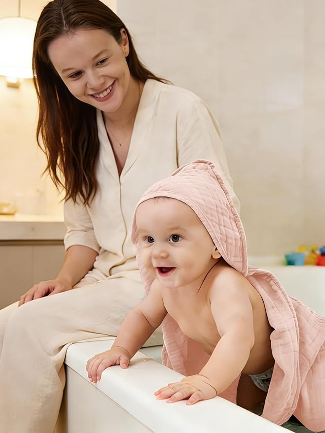 Muslin Hooded Baby Bath Towels - 3 Pack 100% Cotton Ultra-Soft Towels for Newborns, Infants, Toddlers - 32x32 Inch - Highly Absorbent, Quick-Dry Essentials for Bath Time, Beach, Pool, Neutral Series