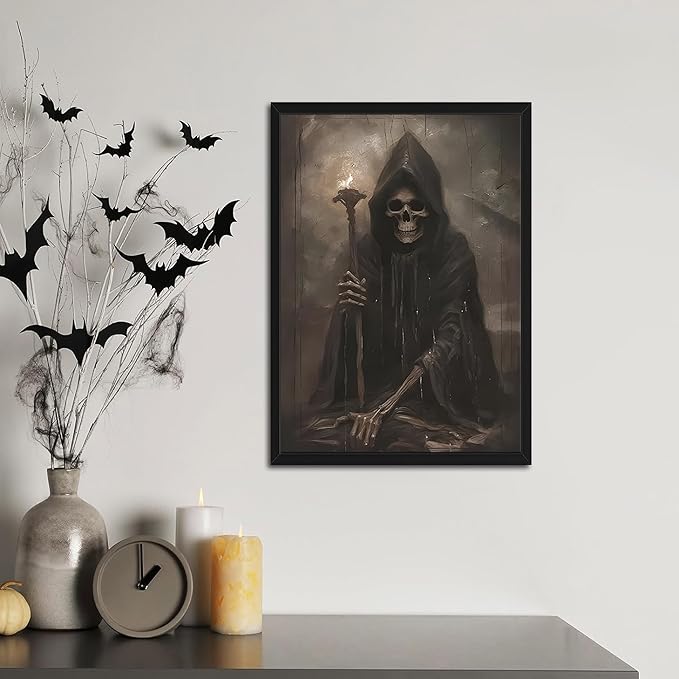 Framed Dark Academia Wall Art Set of 3, Vintage Gothic Skull Witch Wall Decor Paintings, Rustic Moody Spooky Haunted House Prints Pictures for Halloween Living Room 12x16 Inch