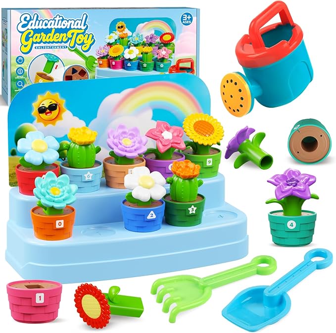 Montessori Flowers Garden Toy for Toddlers, Gardening Set with Watering Can, Shovel, Rake, Shape & Color Sensory Toys, Educational Preschool Learning Toys, Gifts for Baby Girls Boys Ages 1 2 3 4