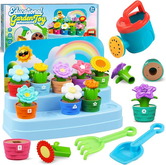 Montessori Flowers Garden Toy for Toddlers, Gardening Set with Watering Can, Shovel, Rake, Shape & Color Sensory Toys, Educational Preschool Learning Toys, Gifts for Baby Girls Boys Ages 1 2 3 4