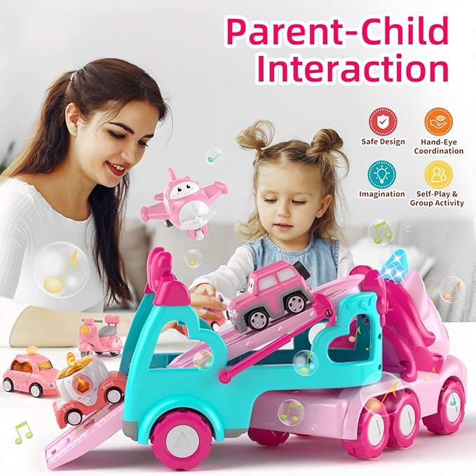 Truck Toys for 2+ 3+ Year Old Girls, 7-in-1 Carrier Truck Car for Toddler Girl, Cars Toys Age 2-4 with Light & Music, Birthday Gifts for 2 3 Year Old Girls