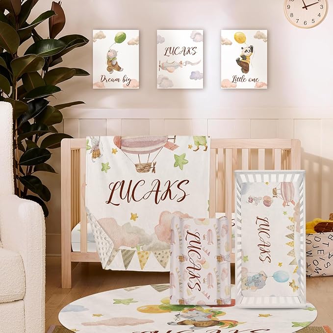 Personalized Crib Bedding Set, Custom Name Baby Bedding 5-Pcs Set - Blanket Fitted Sheet Changing Pad Cover Nursery Rug Wall Art, Balloon-Themed Nursery Decor for Newborn Boys Girls
