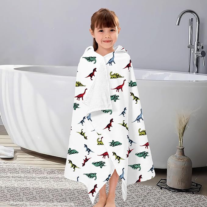 VOOVA & MOVAS Hooded Bath Towel for Kids (3-8 Years) – 100% Cotton Soft Absorbent Swim Towel (30"x50") – Perfect for Pool, Beach, Bath,Dino