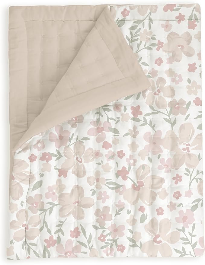 MakeMake Organics Organic Baby Comforter GOTS Certified Organic Kids Blanket Cotton Infill Tufted - Reversible Ultra Soft Breathable Boys Girls (30"x40", Blossom + Solid Taupe)