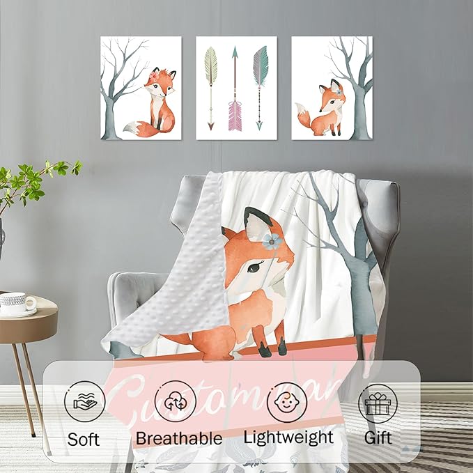 Personalized Baby Crib Bedding Set: 4 Piece Custom Fox Pattern Crib Bed Set with Name, Nursery Bedding Set for Baby Girls, Newborn Boys Crib Sets, Crib Bedding Custom Gift, Crib Sheet