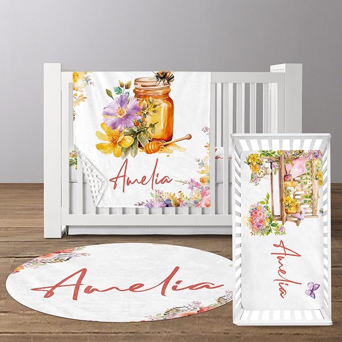 Custom Baby Crib Bedding Set, Personalized Name Colorful Bee Design Crib Set 3 Pcs, Soft Double Layer Blanket, Crib Sheet & Room Rug, Ideal Nursery Decor Gift for Baby Girls Boys