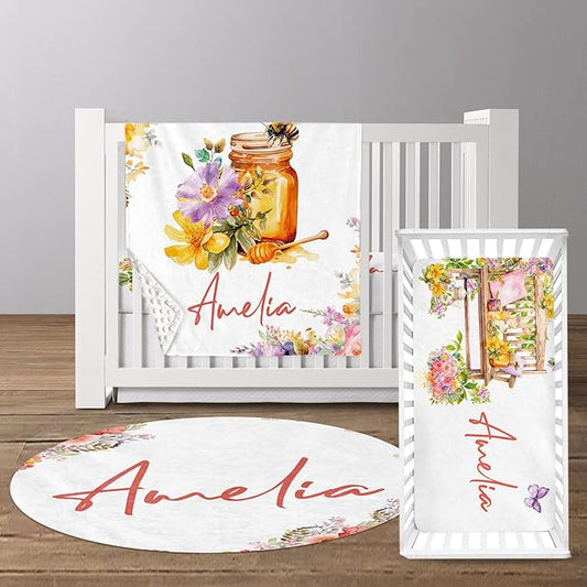 Custom Baby Crib Bedding Set, Personalized Name Colorful Bee Design Crib Set 3 Pcs, Soft Double Layer Blanket, Crib Sheet & Room Rug, Ideal Nursery Decor Gift for Baby Girls Boys