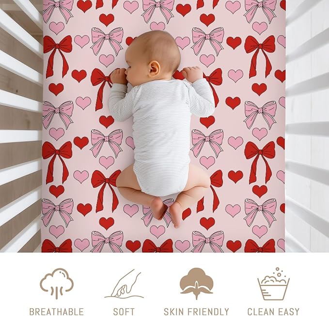 Ribbon Bows Heart Baby Crib Sheets for Boys Girls Pink Red Bows Ribbon Soft Stretchy Fitted Crib Mattress Covers for 52''x28'' Standard Crib & Toddler Mattress Baby's First Valentine's Love Bed Sheets