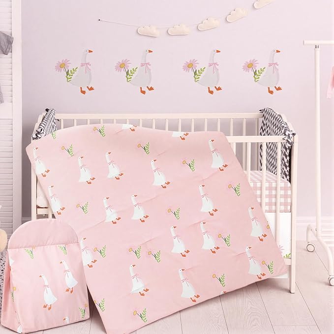 Oudain 4 Piece Goose Crib Bedding Set Including Goose Crib Skirt, Blanket, Sheet and Diaper Stacker, Soft Neutral Nursery Standard Size Baby Bedding for Baby Girls and Boys
