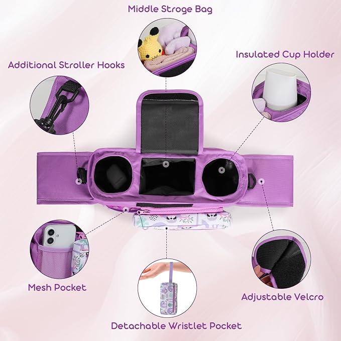 Universal Stroller Organizer with Insulated Cup Holders and Detachable Phone Bag,Stroller Caddy Fits for Stroller Accessories like Uppababy, Baby Jogger, Doona, Nuna Stroller (Purple Sloth)