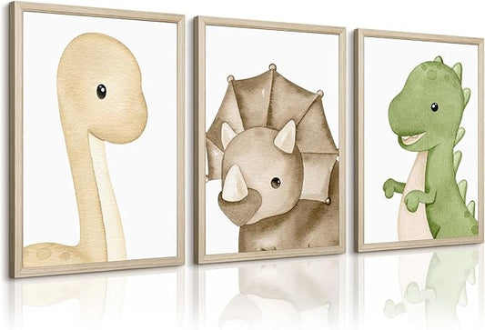 Dinosaur Wall Art Kids Boys Room Canvas Wall Decor Dino Nursery Wall Art Pictures Baby Dinosaur Poster Prints for Boys Bedroom Bathroom 16x24 Inch Wood Framed Set of 3