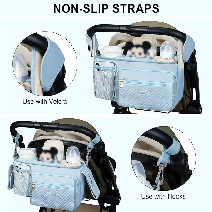 Universal Stroller Organizer with Insulated Cup Holder,Stroller Caddy Bag with Wet Wipes Pocket,Stroller Accessories Fits for Uppababy,Doona,Jogger,Britax,Mompush,BoB Strollers,Blue
