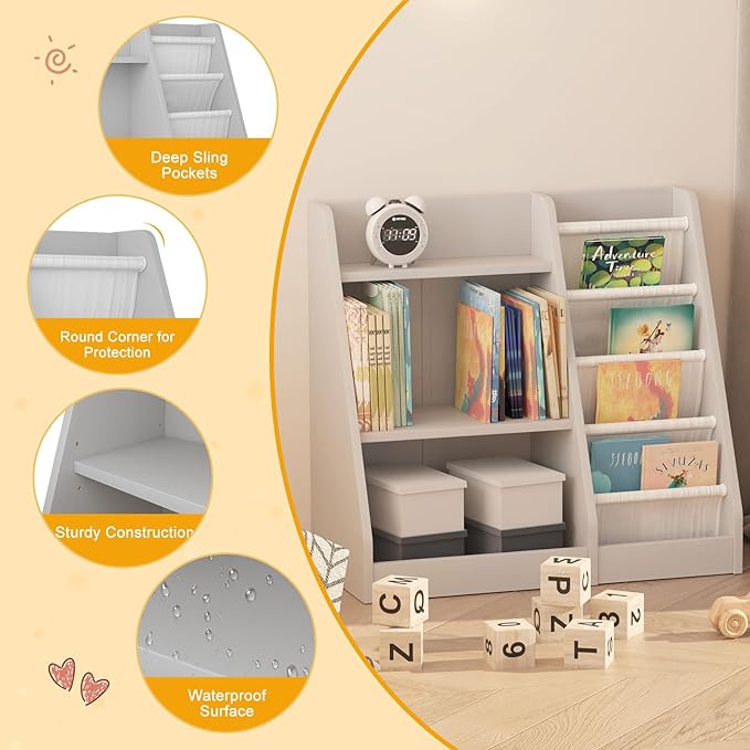 HedoAjim Gray Nursery Bookshelf for Kids 3 Tier Wood Shelf 4 Sling Baby Toddler Bookcase Book Rack with Adjustable Shelf for Boy Girl’s Gift Bedroom Playroom Nursery Classroom Church Kindergarten