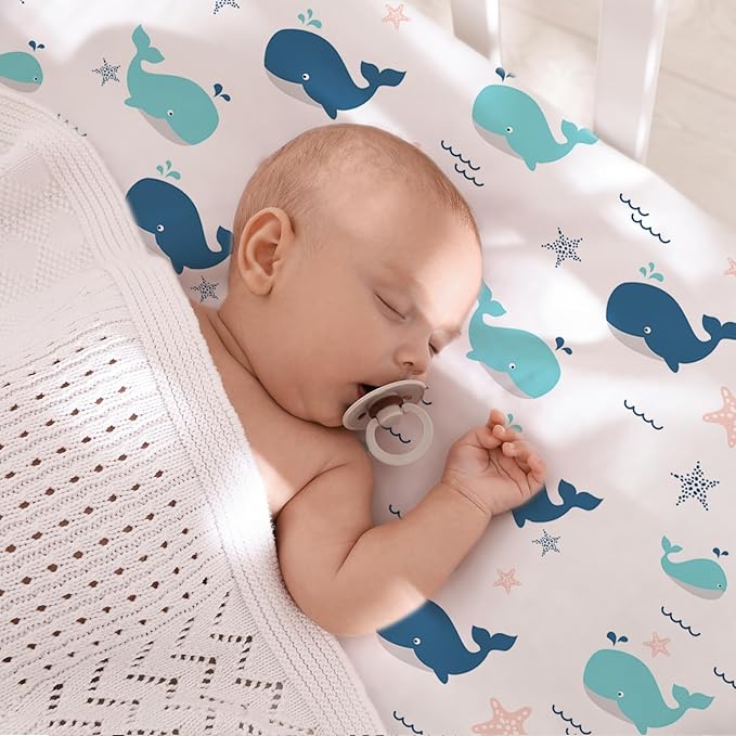 Little Grape Land Crib Sheets Baby Toddler Sheets 4 Pack Fitted for Boys Girls, Standard Size 28x52‘’ Crib Mattress, Super Soft Breathable Washable Microfiber, Whale & Trucks & Little Bear & Navy Blue