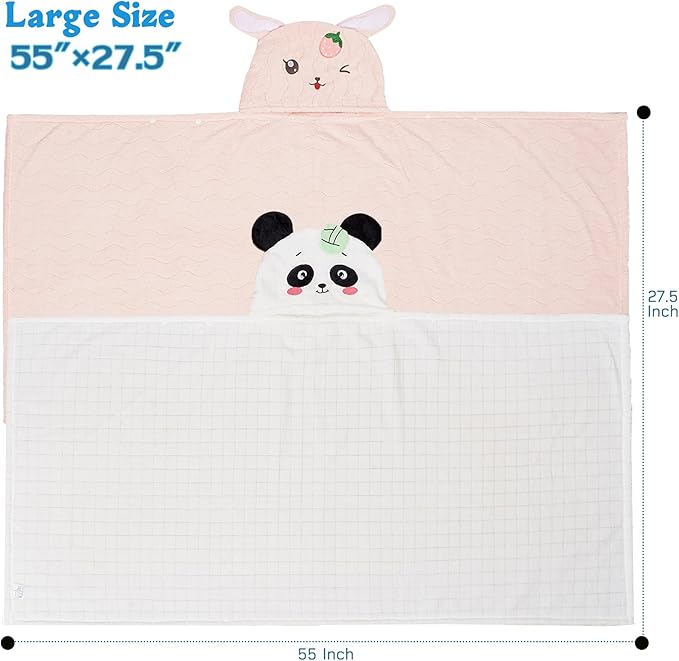 Hooded Toddler Towels with Animal Hood - 500GSM Ultra Soft & 6X Absorbent Baby Bath Towel, Large 28x55 Inch Coral Fleece Hooded Kids Towel for Boys Girls, Cape Blanket 2 Pack