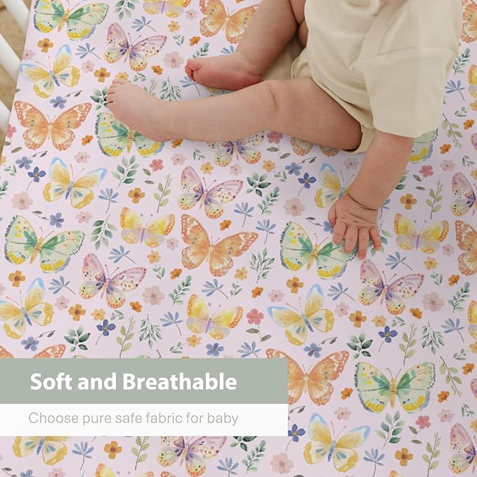 Watercolor Butterflies Spring Floral Baby Crib Sheets Boy Girl 52"x28" Pastel Flowers Leaves Soft Stretchy Fitted Crib Mattress Cover Easter Garden Baby Sheet for Standard Crib and Toddler Mattress