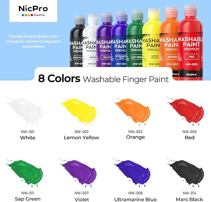 Nicpro 8 Colors Washable Paint Set for Kid (4oz,120 ml), Acrylic Bulk Paint Supplies Non Toxic Children Tempera Paint, Easy Clean Finger Paint for Art Craft DIY, Poster, School, Home,Classroom, Party