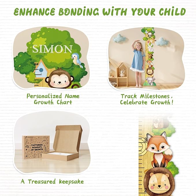 Personalized Name Wooden Growth Chart for Wall - Forest Animal Stack Size Height Chart for Kids, Growth Measuring Board and Kids Height Wall Chart, Children Playroom Decor