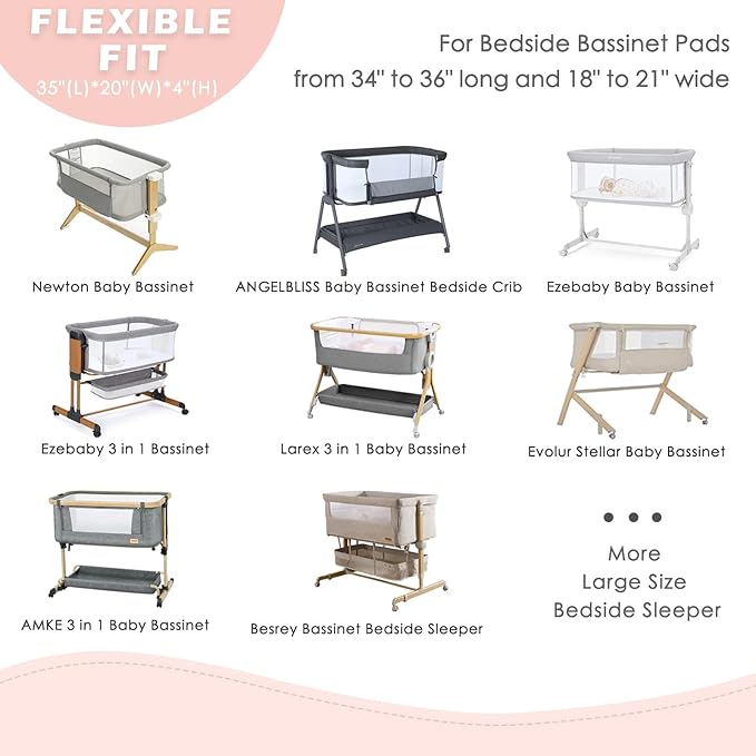 3 Pack Soft Strecthy Bassinet Sheets - 35"x20" Bedside Bassinet Sheets for for Newton, Ezebaby, AMKE(3 in 1) & Other Large Bedside Sleeper | Breathable & Skin Friendly Bassinet Fitted Sheets for Girls