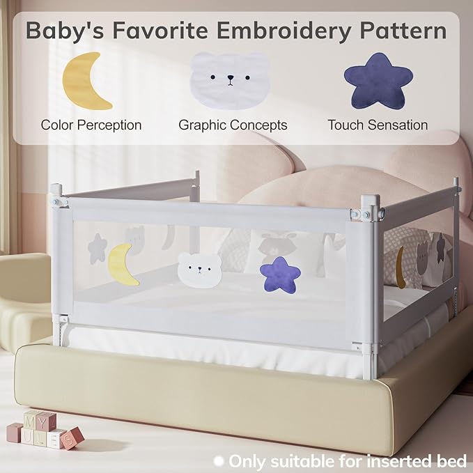 omzer 3-Piece Bed Rails for Queen Bed - Height Adjustable Bed Rail for Toddlers with Double Child Lock, Bed Rail for Baby Kids with Pattern, Infants Toddler Bed Gate for Queen Size Bed, 78.7x78.7x59”