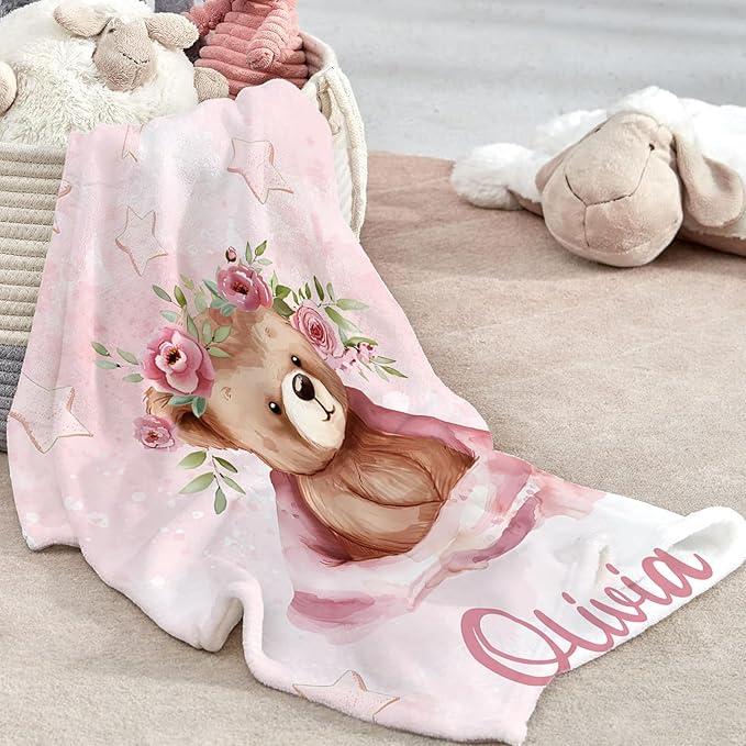 Custom Baby Crib Bedding Set, Personalized Name Pink Bear Design Crib Set 3 Pcs, Soft Double Layer Blanket, Crib Sheet & Room Rug, Ideal Nursery Decor Gift for Baby Girls Boys
