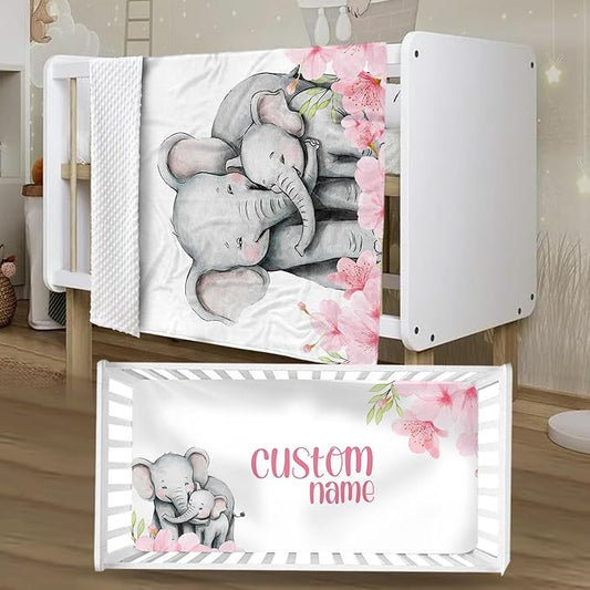 Personalized Crib Bedding Set for Boys Girls, Custom Baby Crib Sets with Name, Pink Flower Elephant Design Nursery Bedding 2 Piece - Soft Blanket with Double Layer Dotted Backing, Crib Fitted Sheet