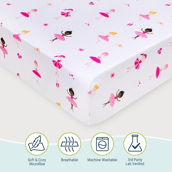 Wildkin Kids 100% Microfiber Crib Sheet – Soft, Breathable Fitted Sheet - Ballerina