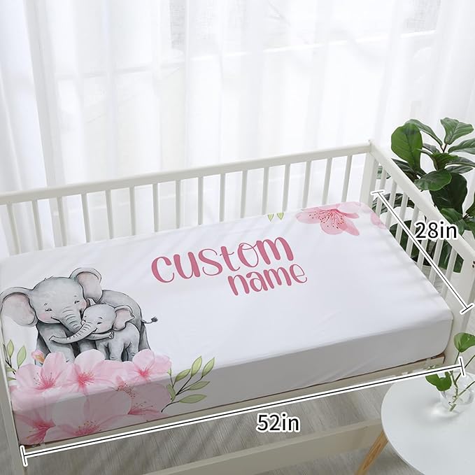 Custom Baby Crib Bedding Set,Personalized Name Pink Flower Elephant Nursery Bed Set 4 Piece,Baby Blanket Fitted Sheet Nursery Rug Wall Art Set,Custom Room Decor Idea Gift for Newborns Boys Girls