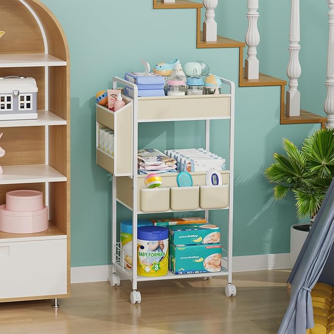 JBBTOOL 3-Tier Baby Diaper Caddy Cart with Wheels, Nursery Storage Organizer with Dividers & Pockets, Mobile Metal Utility Cart for Baby Essentials, Bedroom, Kitchen & Office