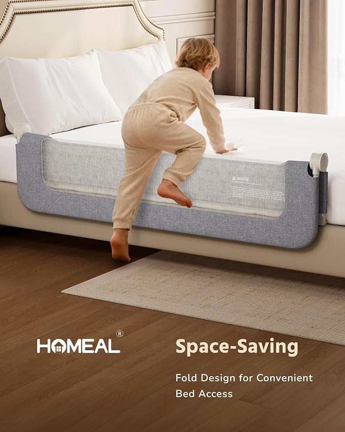 HOMEAL Bed Rail for Toddlers - 59"x24" Extra Long Foldable Toddler Bed Rails for King, Queen, Twin, Full, Double Bed - Breathable Guard Rail for Toddlers with U-Shape Base, Grey