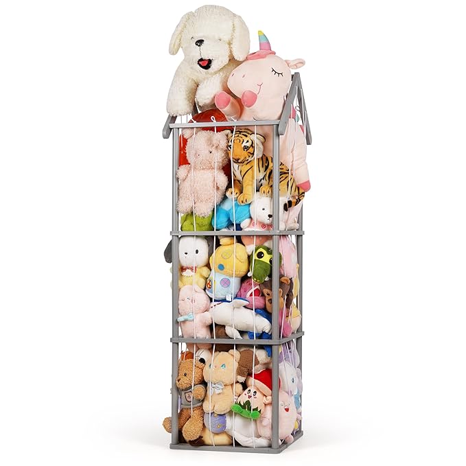 Edudif Stuffed Animal Storage, Space Saving Vertical Stuffed Animal Holder Wood, Easy Assembly Cottage-Style Plush Toys Organizer for Bedroom & Playroom (Gray, Large)