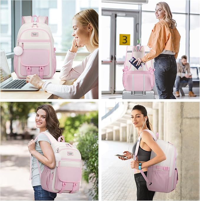 Bevalsa Backpack for Girls, School Backpacks for Girls, Kids Backpack with Lunch Box & Pencil Pouch for Teens Girl Kids Elementary Middle High School College Student Bookbag Daypack (Pink Beige)