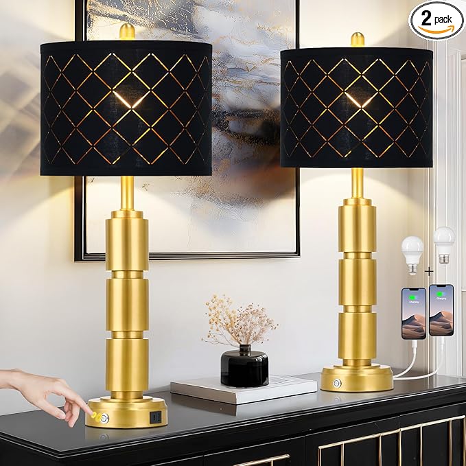 luxeflow Set of 2 Modern Table Lamps for Living Room Bedroom,29" Tall Bedside Lamp with 2 USB Port,Gold Metal Touch Nightstand Lamp with Black Grid Shade for End Table Entryway,Gold