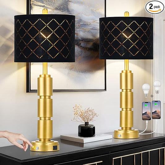 luxeflow Set of 2 Modern Table Lamps for Living Room Bedroom,29" Tall Bedside Lamp with 2 USB Port,Gold Metal Touch Nightstand Lamp with Black Grid Shade for End Table Entryway,Gold