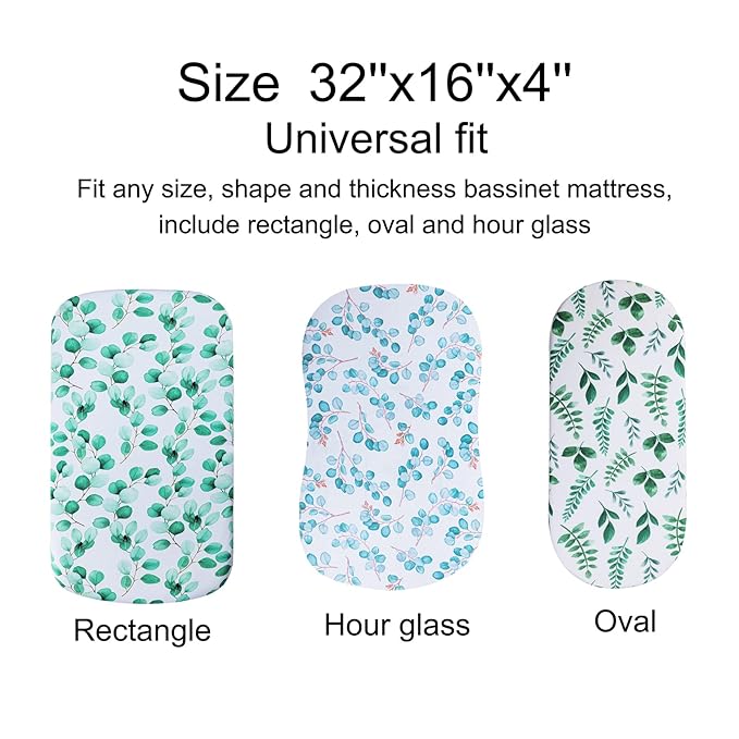 Onacosht Bassinet Sheets Set 3 Pack for Baby Boy and Girl, Stretchy Jersey Knitted Fitted Sheet, Universal for Oval Rectangle and Hourglass Bassinet Mattress, Watercolor Greenery Botanical Leaf