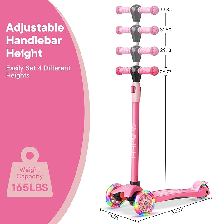 Dribbl 3-Wheel Kids Scooter - Lean-to-Steer Technology, Adjustable Height Handlebar, Wide Anti-Slip Deck, Scooter for Boys & Girls Ages 3+, Child Safety Approved, Support Riders Up to 165 lbs, Pink
